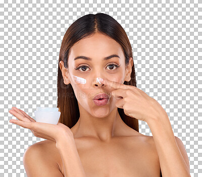 Buy stock photo Isolated woman, skincare cream and nose in portrait with jar, product and beauty by transparent png background. Girl, model and wellness with lotion for cosmetic change, transformation or benefits