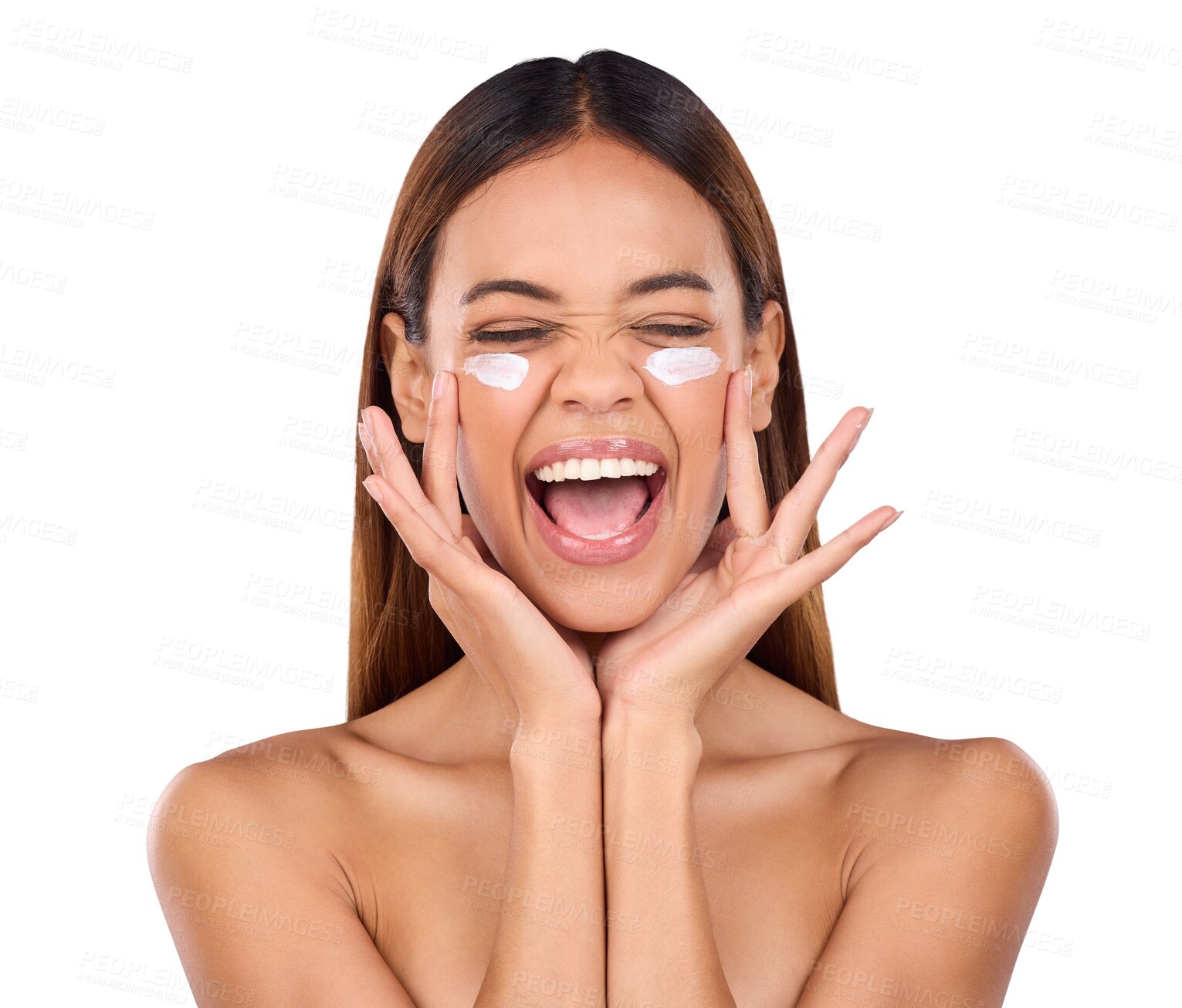 Buy stock photo Skincare, excited and face of woman with cream for anti aging product, cosmetics and facial treatment. Happy, dermatology and isolated person with lotion for wellness on png or transparent background