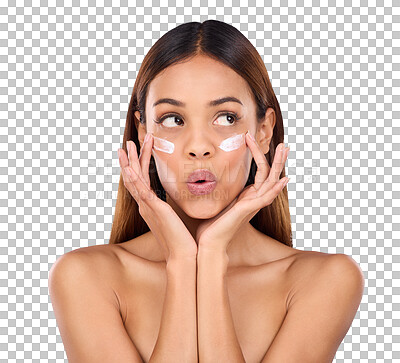 Buy stock photo Skincare, cream and comic face of woman with anti aging product, cosmetics and facial treatment. Thinking, emoji and isolated person with moisturizer for dermatology on png or transparent background