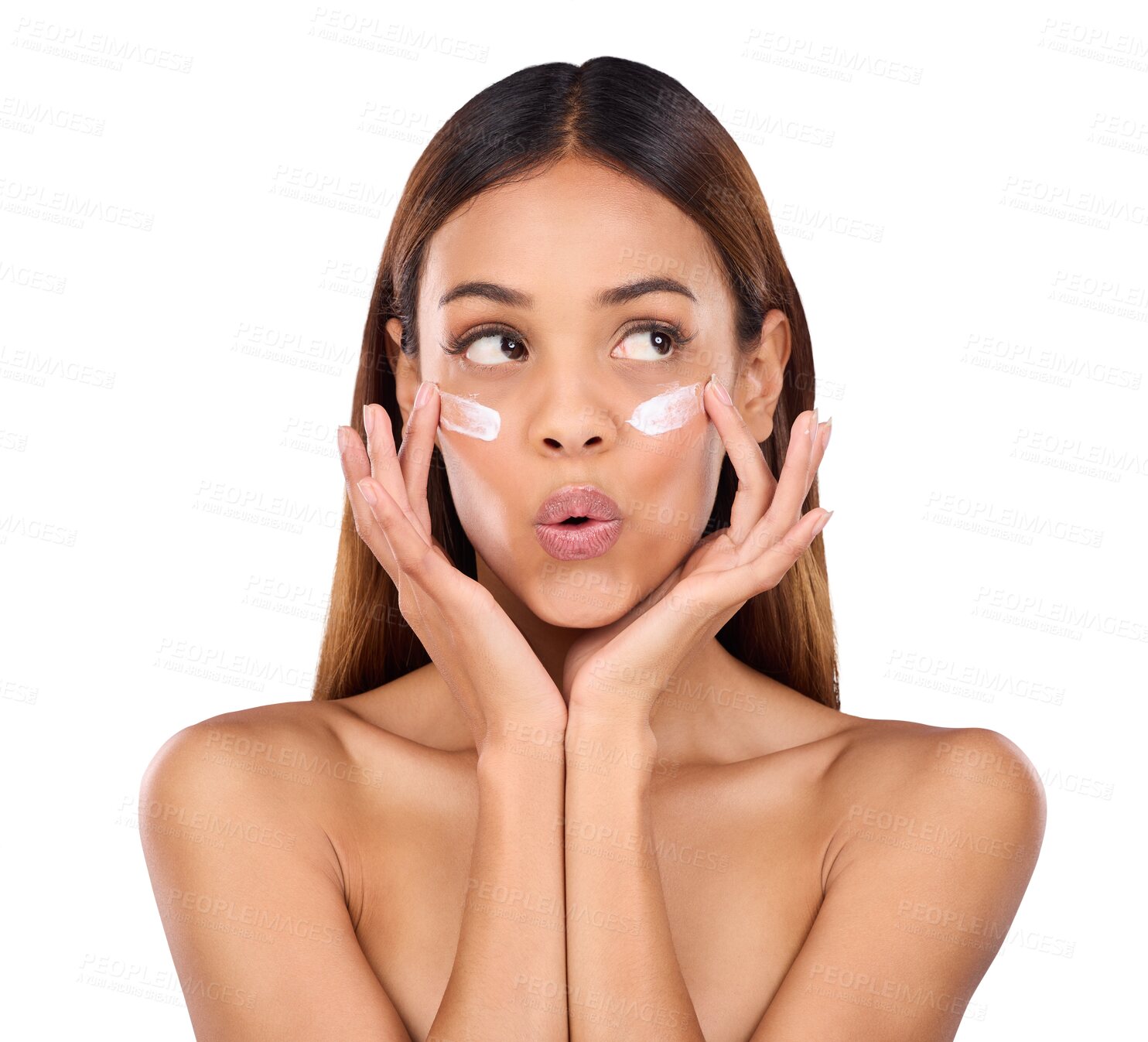 Buy stock photo Skincare, cream and comic face of woman with anti aging product, cosmetics and facial treatment. Thinking, emoji and isolated person with moisturizer for dermatology on png or transparent background