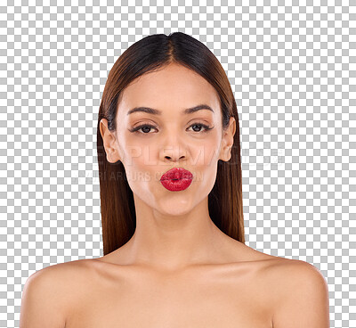 Buy stock photo Woman, beauty and red lipstick with makeup, portrait and cosmetics isolated on a transparent background. Face, person and model with self care, confidence and wellness with png, pout and glowing