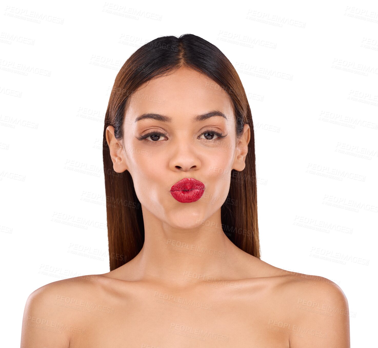 Buy stock photo Woman, beauty and red lipstick with makeup, portrait and cosmetics isolated on a transparent background. Face, person and model with self care, confidence and wellness with png, pout and glowing