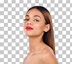 Beauty, woman and red lipstick makeup portrait with cosmetics on face in studio. Aesthetic female model person on a blue background for self care, facial glow and shine or color for skin and wellness