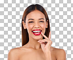 Beauty, happy woman and red lipstick makeup portrait with cosmetics on face in studio. Aesthetic female model person laughing on blue background for self care, facial glow and shine or color for skin