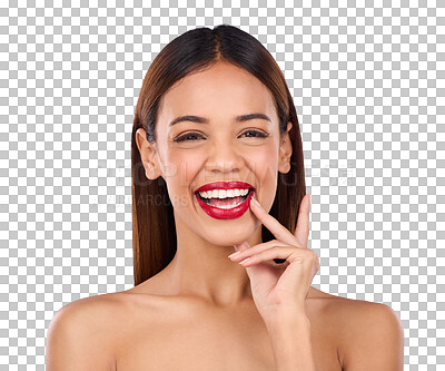 Buy stock photo Beauty, makeup and portrait of woman with red lipstick on isolated, png and transparent background. Aesthetic, luxury salon and face of person smile, gloss and cosmetics for glamour, glow and shine