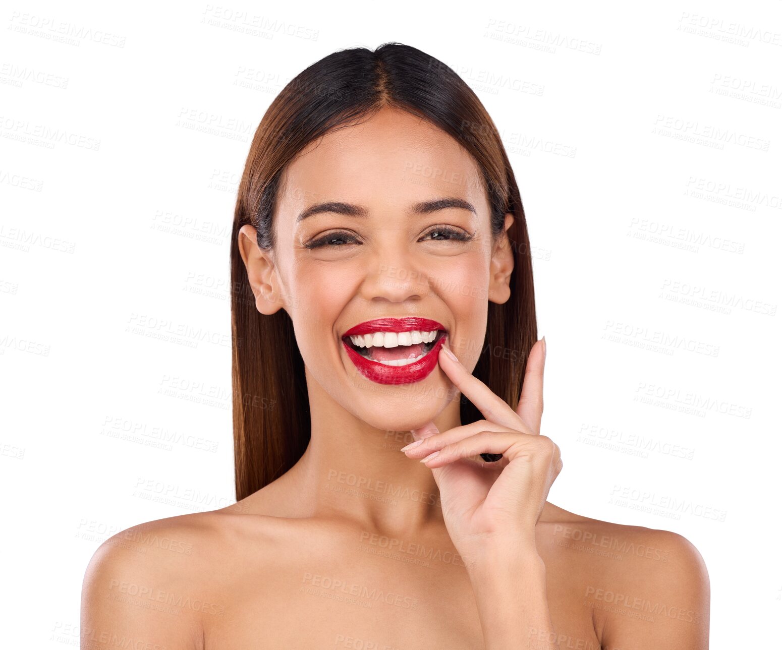 Buy stock photo Beauty, makeup and portrait of woman with red lipstick on isolated, png and transparent background. Aesthetic, luxury salon and face of person smile, gloss and cosmetics for glamour, glow and shine