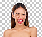 Wink, woman and red lipstick makeup portrait with cosmetics on face in studio. Aesthetic female model on a blue background for self care, facial glow and beauty or color for skin with tongue out