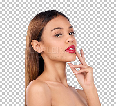 Buy stock photo Portrait, red lipstick and woman with makeup, shine and cosmetics isolated on a transparent background. Face, person and model with confidence, png and facial glow with grooming routine and aesthetic