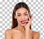 Beauty face, makeup and woman biting finger portrait in studio for skincare, dermatology or cosmetics. Female model on a blue background for self care, facial glow and healthy skin with spa results