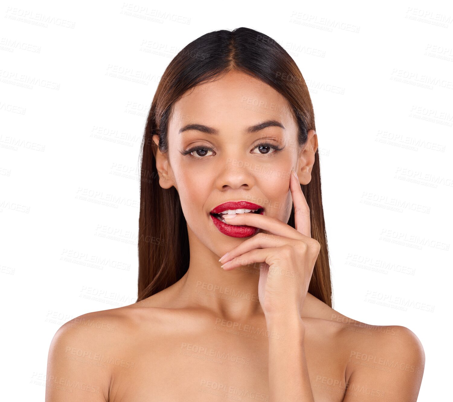 Buy stock photo Portrait, red lipstick and woman with makeup, skincare and cosmetics isolated on a transparent background. Face, person and model with luxury, png and facial glow with grooming routine and aesthetic