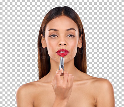 Buy stock photo Isolated woman, lipstick and beauty in portrait, wellness and color by transparent png background. Girl, model and red lips with skincare, makeup application and cosmetic process for facial change