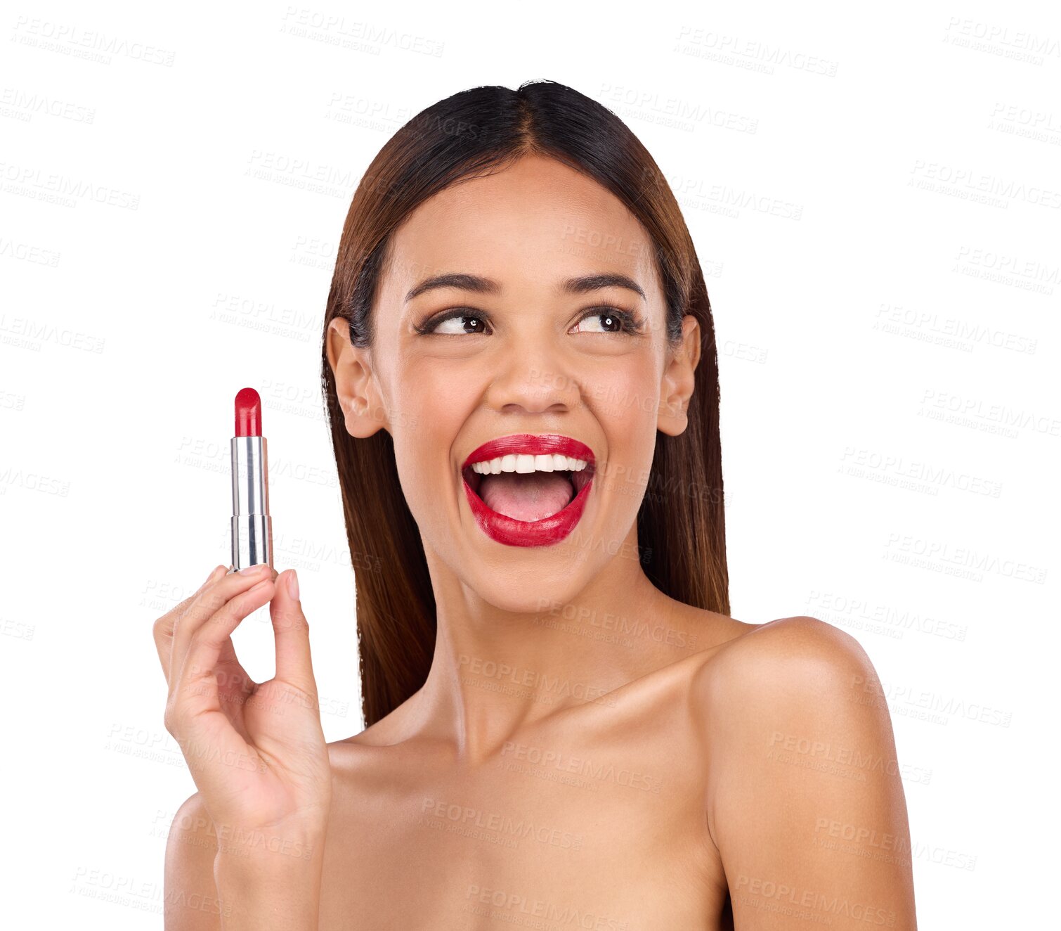 Buy stock photo Isolated woman, red lipstick and happy for application, beauty and thinking by transparent png background. Girl, model and red color makeup for lips, mouth and vision for cosmetic transformation