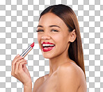 Beauty, woman and red lipstick or makeup portrait for face cosmetics in studio. Aesthetic female model on a blue background for self care, facial glow and color application for lips with a smile