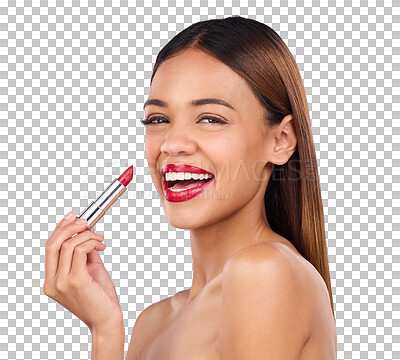 Buy stock photo Isolated woman, lipstick application and happy in portrait, wellness and beauty by transparent png background. Girl, model and red lips with skincare, makeup and cosmetic process for facial change