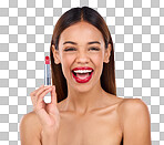 Beauty, red lipstick smile and makeup or woman portrait in studio for skincare or cosmetic promotion. Female model laughing on a blue background for self care, facial glow and skin with product color