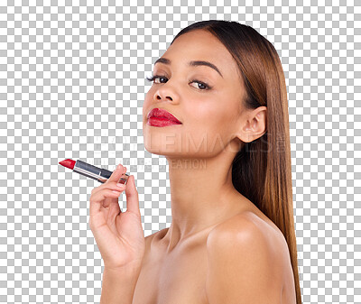 Buy stock photo Isolated woman, red lipstick application and portrait with beauty, wellness and color by transparent png background. Girl, model and lips with skincare, makeup and cosmetic process for facial change
