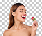 Beauty, health and strawberry with woman in studio for nutrition, diet and detox. Organic food, natural cosmetics and self care with girl model eating fruit on blue background for wellness and glow