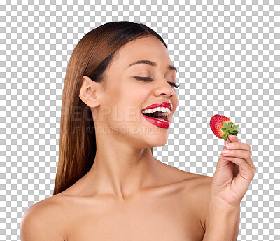 Buy stock photo Isolated woman, beauty and strawberry for health, diet and happy by transparent png background. Girl, model and smile with thinking for eating sustainable fruit for nutrition, skincare and lipstick