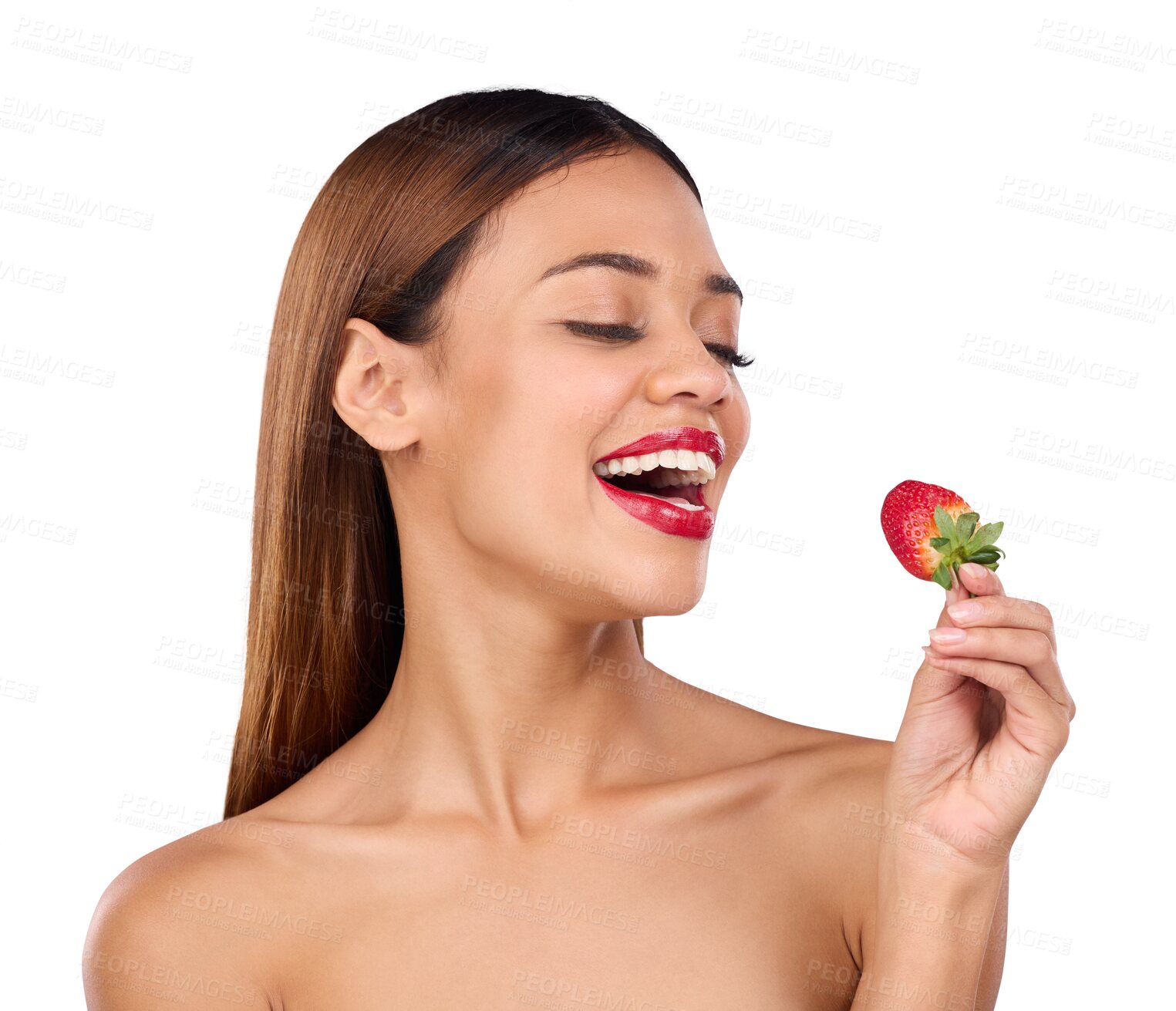 Buy stock photo Isolated woman, beauty and strawberry for health, diet and happy by transparent png background. Girl, model and smile with thinking for eating sustainable fruit for nutrition, skincare and lipstick