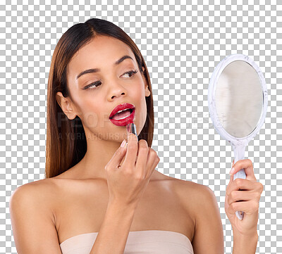 Buy stock photo Isolated woman, lipstick application and mirror for thinking, check or beauty by transparent png background. Girl, model and makeup on lips, mouth or red color with vision for cosmetic transformation