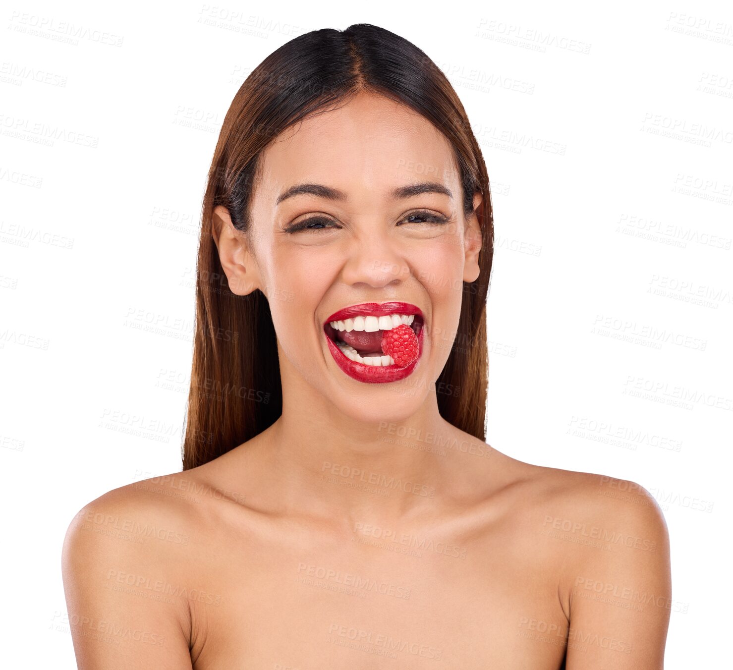 Buy stock photo Isolated woman, skincare and beauty with raspberry in mouth, diet or wellness by transparent png background. Girl, model and portrait for eating sustainable fruit for nutrition, results or benefits