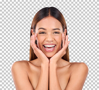 Buy stock photo Happy woman, portrait and touch face for skincare, aesthetic glow or clean dermatology isolated on transparent png background. Natural beauty, facial treatment or excited for healthy cosmetic results