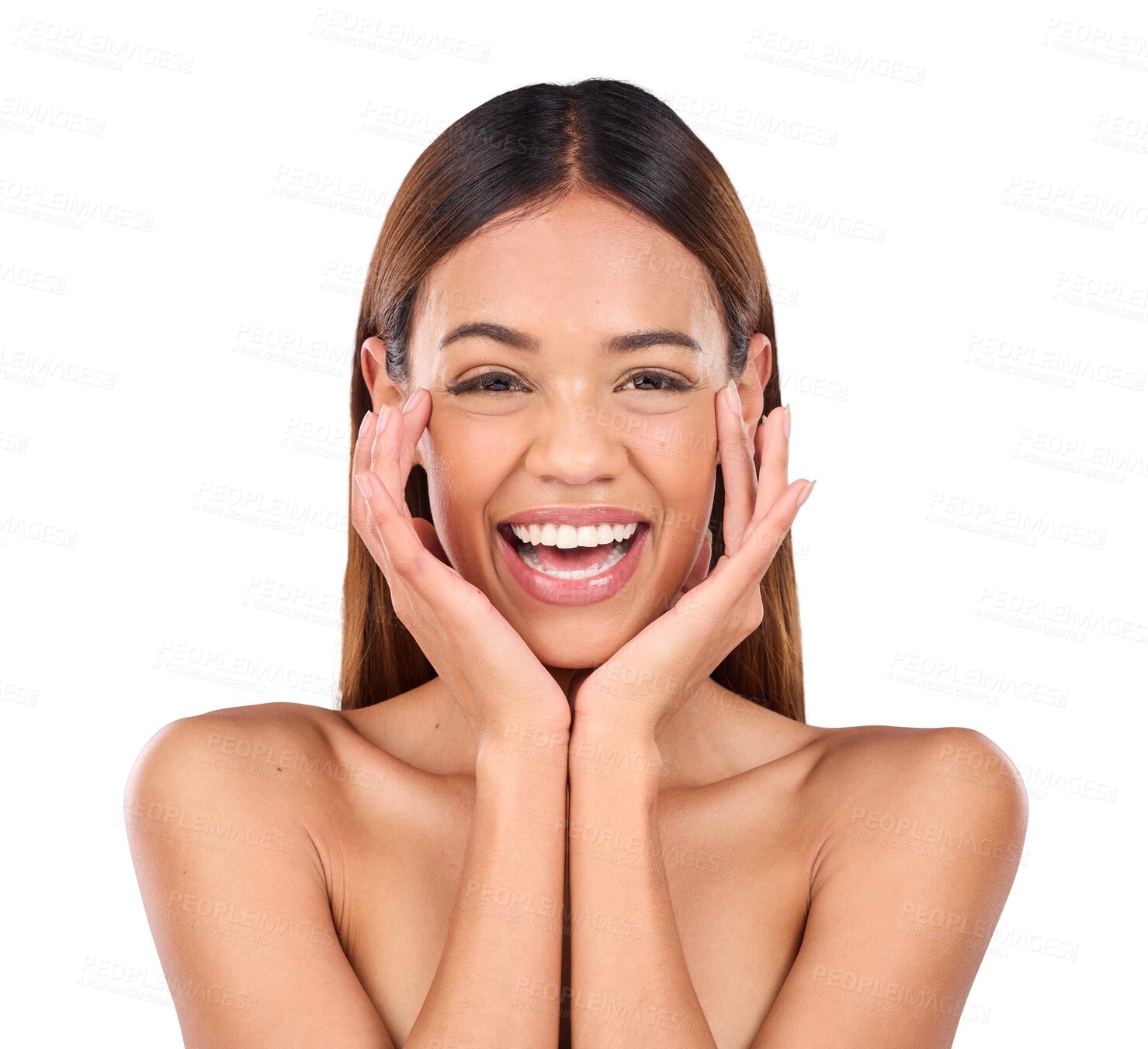 Buy stock photo Happy woman, portrait and touch face for skincare, aesthetic glow or clean dermatology isolated on transparent png background. Natural beauty, facial treatment or excited for healthy cosmetic results