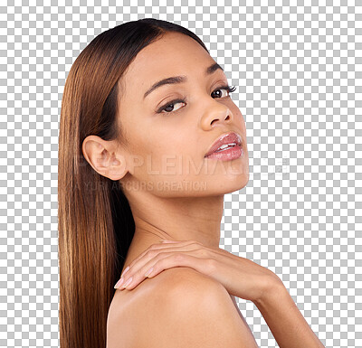 Buy stock photo Beauty, hair care and portrait of woman for salon wellness on isolated, png and transparent background. Skincare, spa aesthetic and face of person for keratin treatment, healthy texture and cosmetics