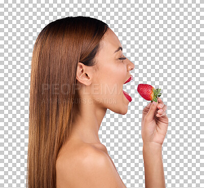 Buy stock photo Isolated woman, beauty and strawberry in profile, diet and happy by transparent png background. Girl, model and smile with thinking for eating sustainable fruit for nutrition, skincare and lipstick