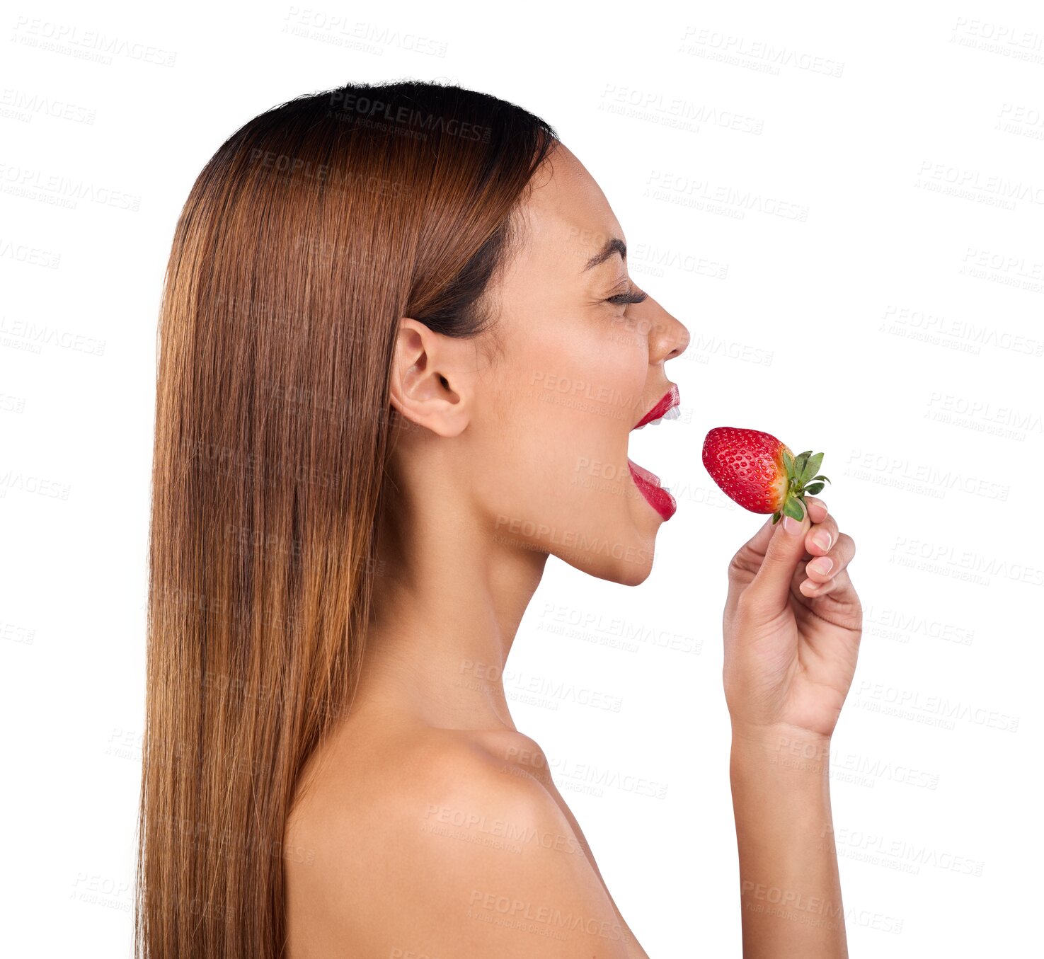 Buy stock photo Isolated woman, beauty and strawberry in profile, diet and happy by transparent png background. Girl, model and smile with thinking for eating sustainable fruit for nutrition, skincare and lipstick