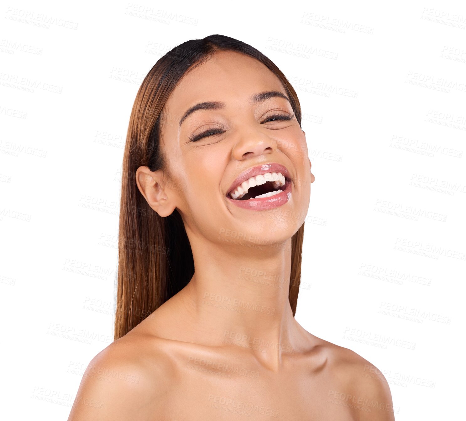 Buy stock photo Beauty, skincare and portrait of woman with laugh on isolated, png and transparent background for spa. Dermatology, salon aesthetic and face of person with facial treatment, wellness and cosmetics