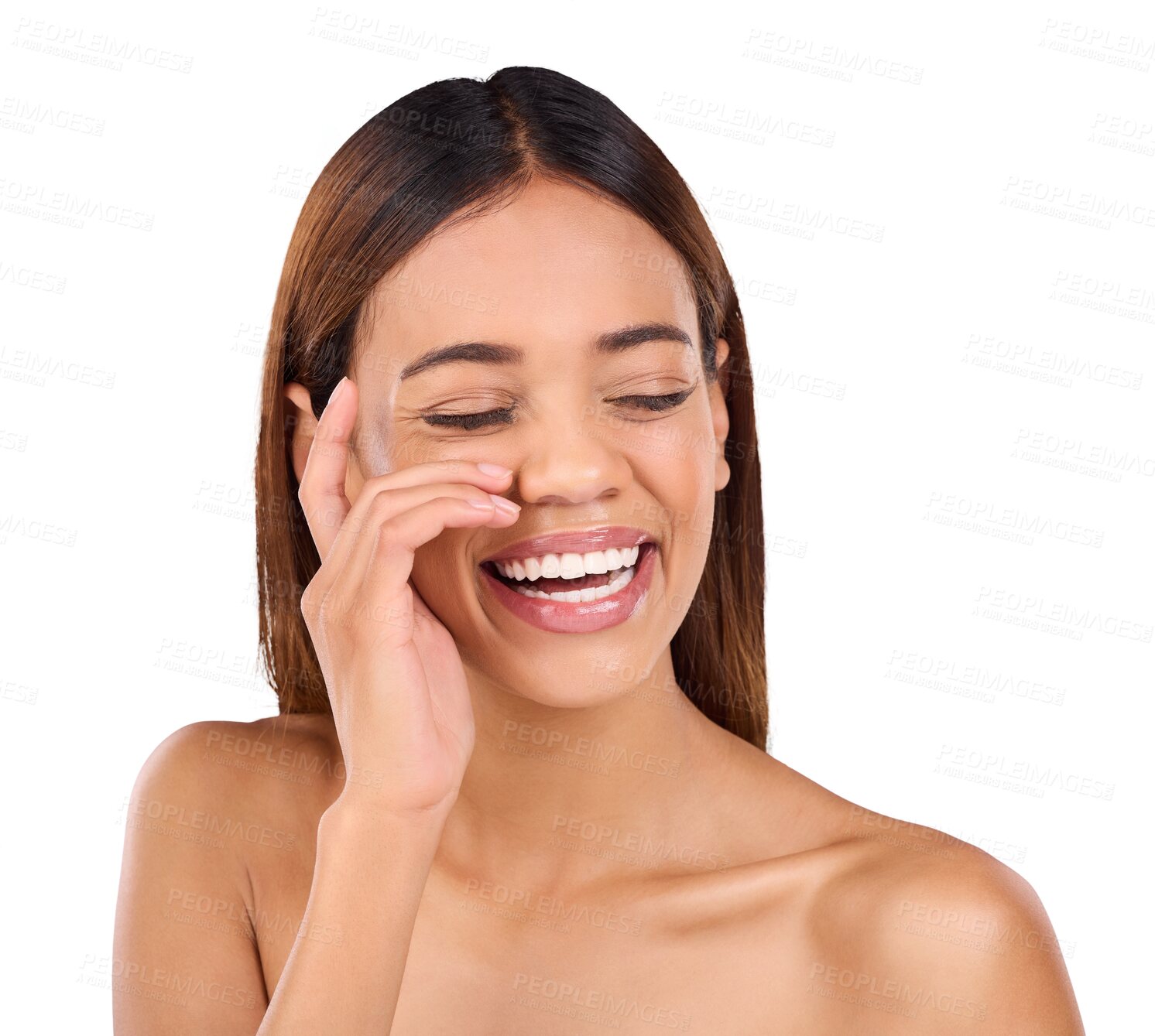 Buy stock photo Skincare, laugh and face of woman for beauty with smooth skin, cosmetics and facial treatment. Dermatology, salon aesthetic and natural person for wellness on isolated, png or transparent background