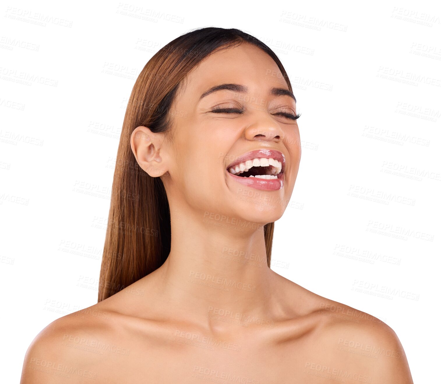 Buy stock photo Beauty, laugh and face of woman for skincare on isolated, png and transparent background for spa. Dermatology, salon aesthetic and happy person with joy for facial treatment, wellness and cosmetics