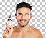 Indian man, serum and skincare with smile for natural beauty, or