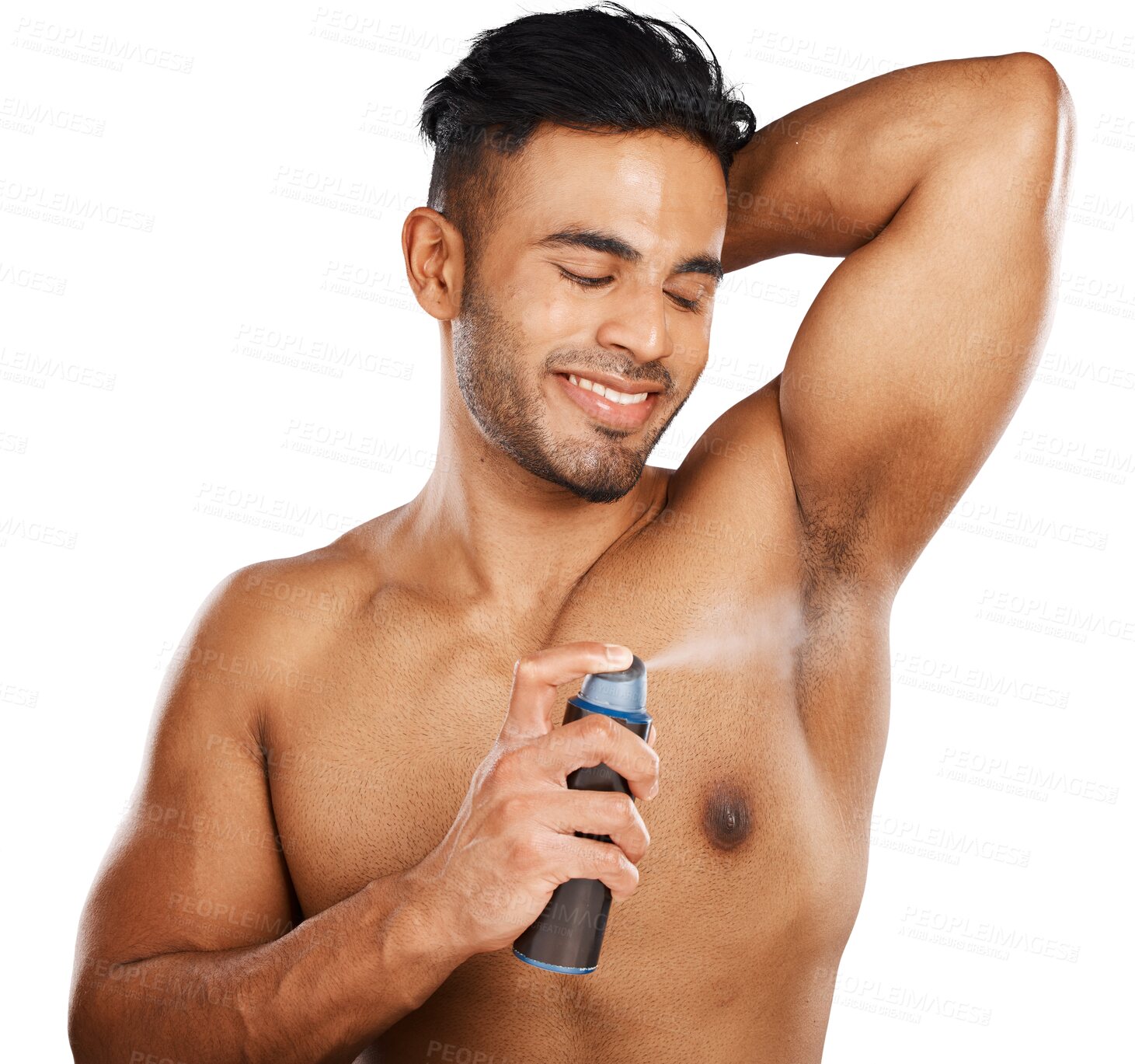 Buy stock photo Deodorant, happiness and man spray armpit, body or antiperspirant for wellness, fragrance or underarm scent. Aerosol product, beauty self care or hygiene model isolated on transparent png, background