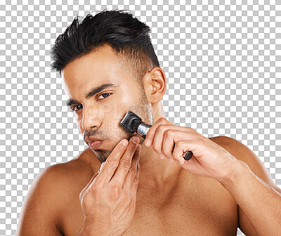 Buy stock photo Portrait, man and razor with shave for grooming, health or wellness for skincare. Male model, machine and trimming of beard on isolated or transparent png background for facial hair, removal or clean