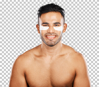 Buy stock photo Portrait, man and eye patch for skincare, dermatology and aesthetic beauty isolated on a transparent png background. Happy indian model with gel mask for eyes, cosmetics and facial collagen benefits