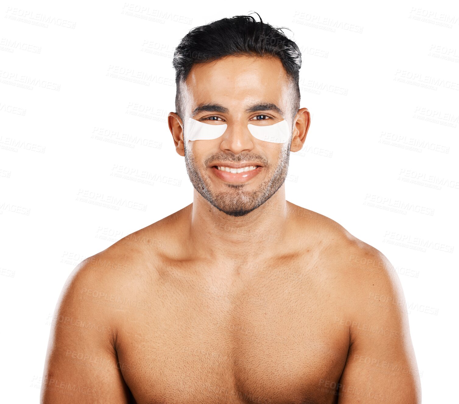 Buy stock photo Portrait, man and eye patch for skincare, dermatology and aesthetic beauty isolated on a transparent png background. Happy indian model with gel mask for eyes, cosmetics and facial collagen benefits