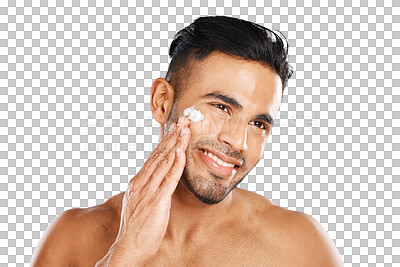 Buy stock photo Man, beauty and skincare with smile for cream, moisturizer or facial treatment on transparent png background. Happy person apply skin cosmetics, lotion or hygiene, dermatology or thinking in wellness