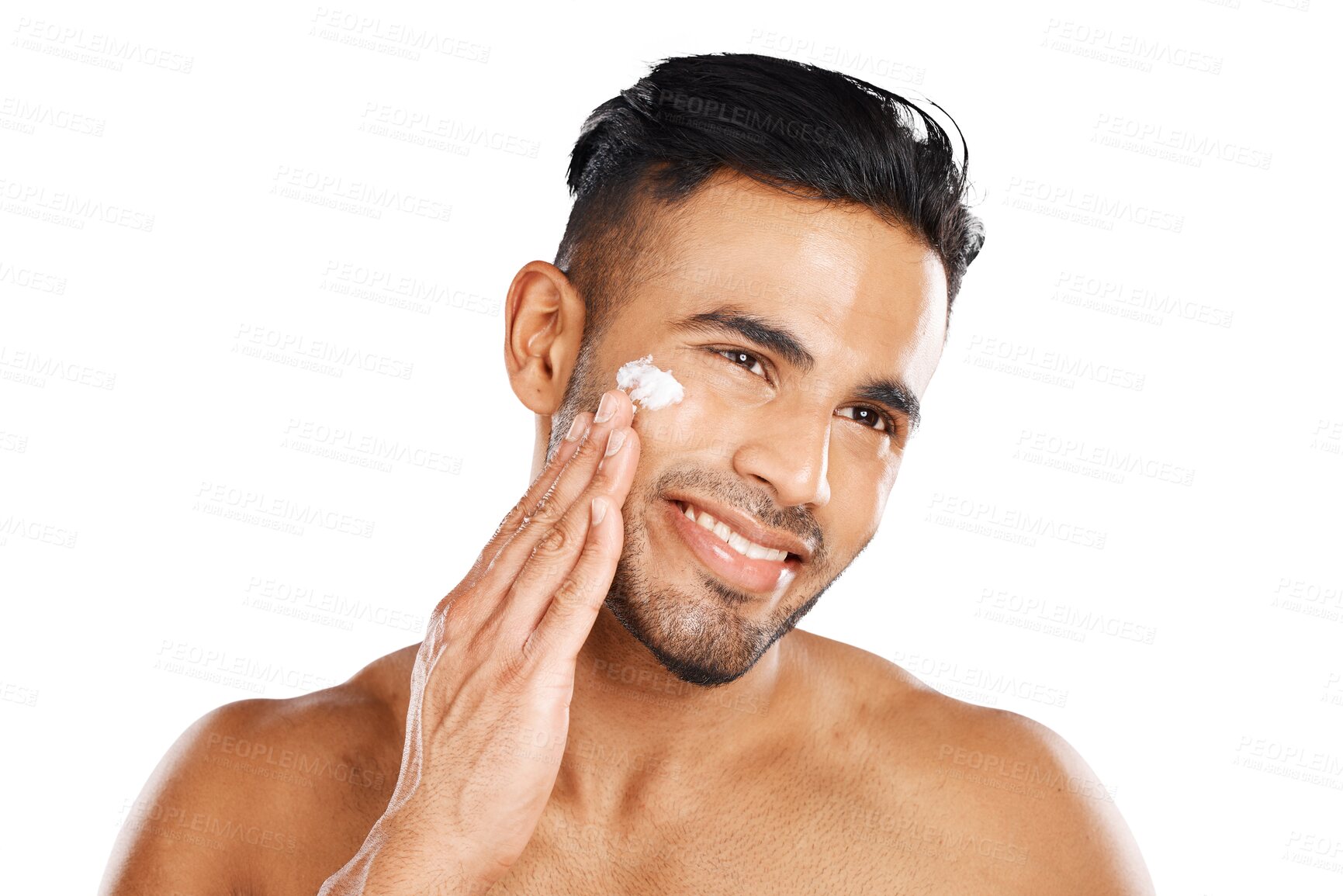 Buy stock photo Man, beauty and skincare with smile for cream, moisturizer or facial treatment on transparent png background. Happy person apply skin cosmetics, lotion or hygiene, dermatology or thinking in wellness