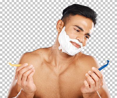 Man, razor and shaving in studio for choice, confused or thinkin