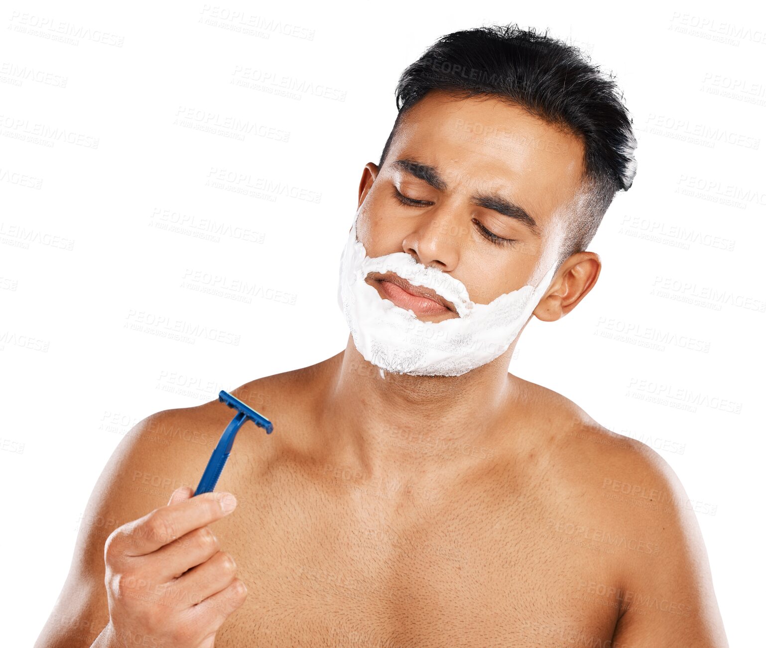 Buy stock photo Man, thinking and razor for shave, skin or grooming by tool for facial hair, removal and clean. Mexican person, shaving cream or blade on isolated or transparent png background for health in wellness