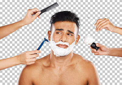 Face, shave and grooming with hands holding equipment for shavin