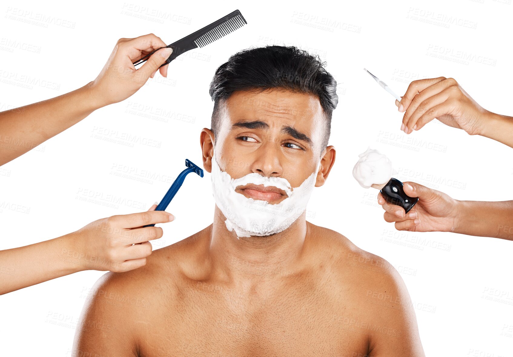 Buy stock photo Man, shave and hands of equipment for grooming, clean or hygiene for wellness. Mexican person, thinking and vision of tools for brush, skincare or hair on isolated or transparent png background