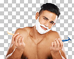 Shave cream, razor and portrait of man shaving his beard for fac