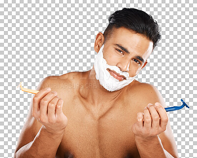Shave cream, razor and portrait of man shaving his beard for fac