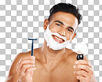 Man, razor and cream for skincare grooming, shaving or facial tr