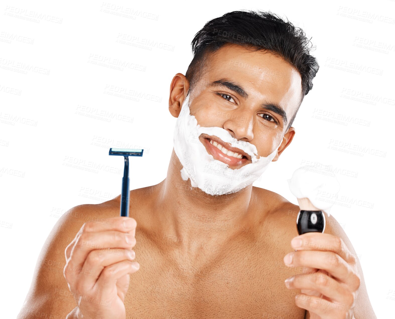 Buy stock photo Portrait, happy man and razor for shave with choice, decision or option for hair removal. Mexican person, shaving cream and blade for grooming on isolated or transparent png background for hygiene