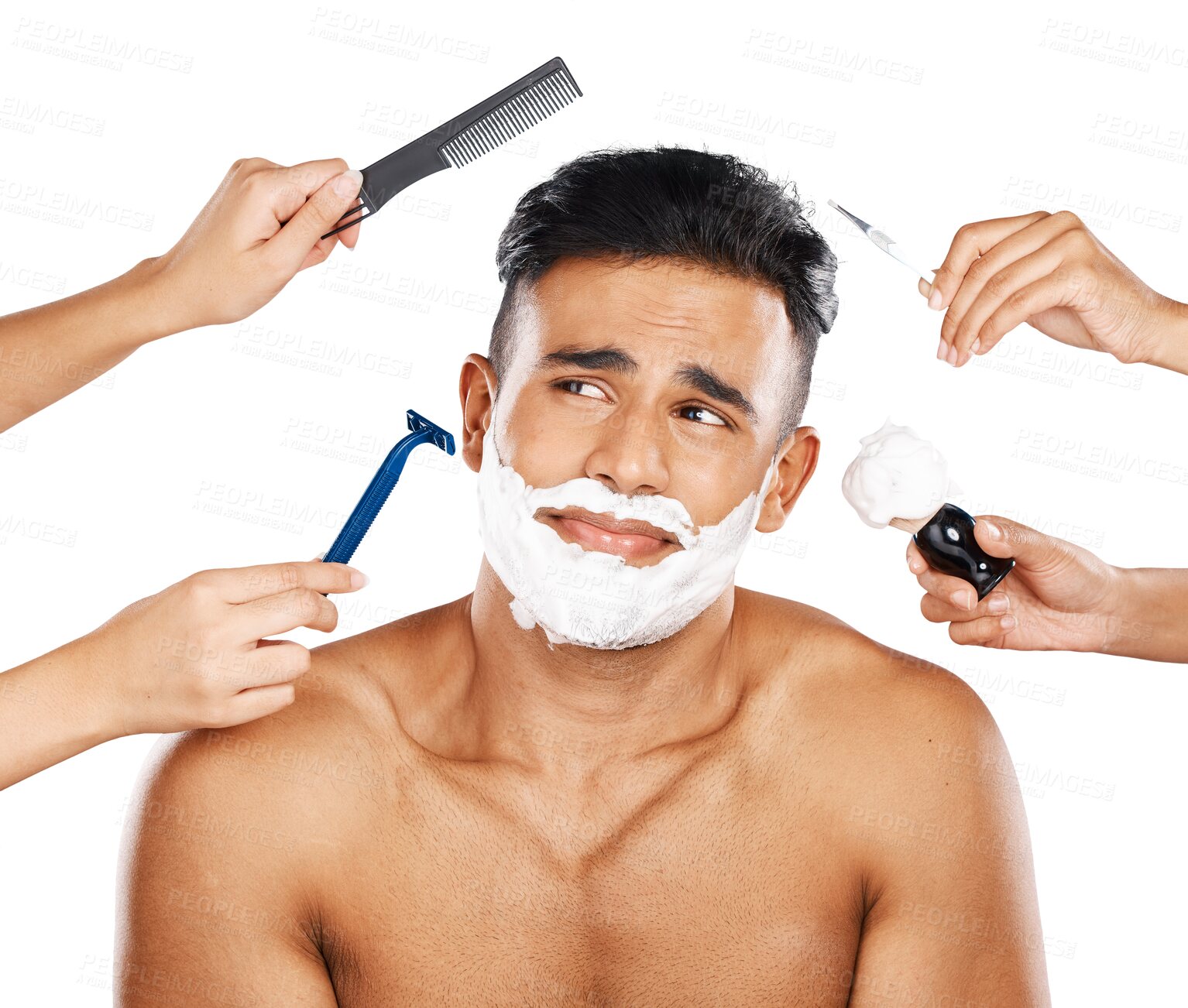 Buy stock photo Man, shave and skincare with hand holding of equipment for hygiene, clean and grooming of facial hair. Mexican person, look and vision of tools for makeover on isolated or transparent png background