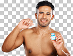 Floss, dental care and portrait of man on blue background studio